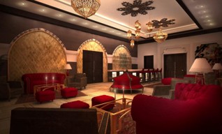 Richly detailed hospitality interior at the Royal Pavilion, Qasr Al Sarab
